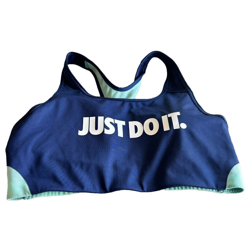 Nike Just Do It Dri Fit Sports Bra Blue LARGE Round Neck Wire Less Racer Back‎